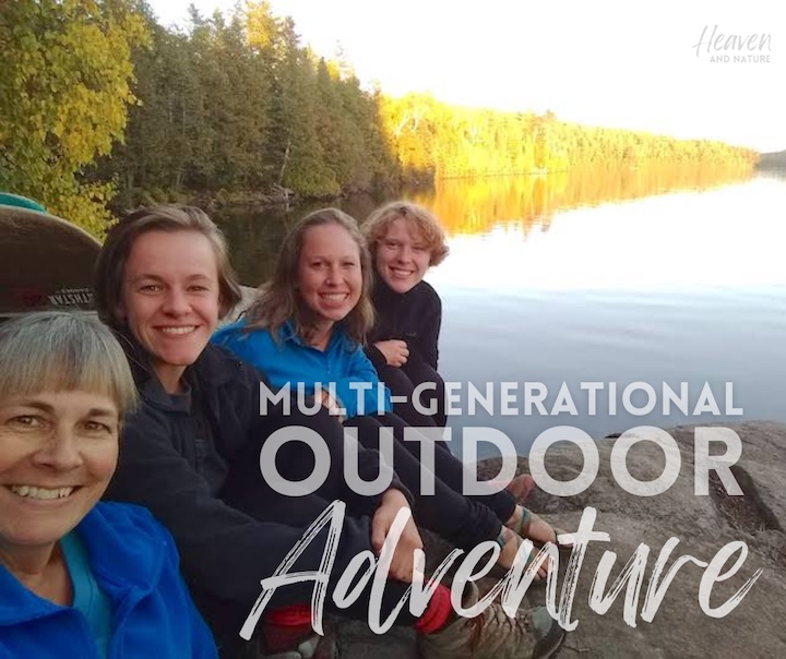 "Multi-generational Outdoor Adventure" with image of 4 women at a canoe campsite