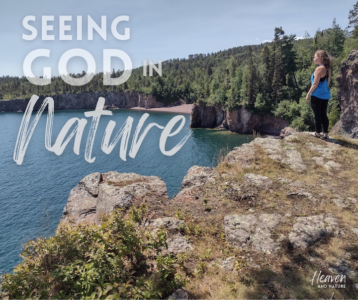 "Seeing God in Nature" with image of woman standing on a cliff over a big lake