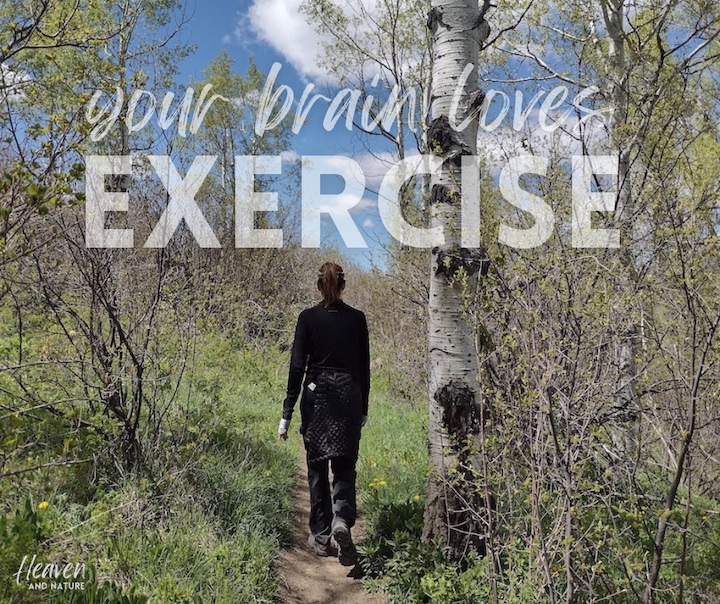 "your brain loves exercise" with image of woman hiking through an aspen grove