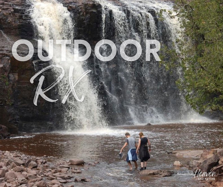 "outdoor rx" with image of two people at the base of a waterfall