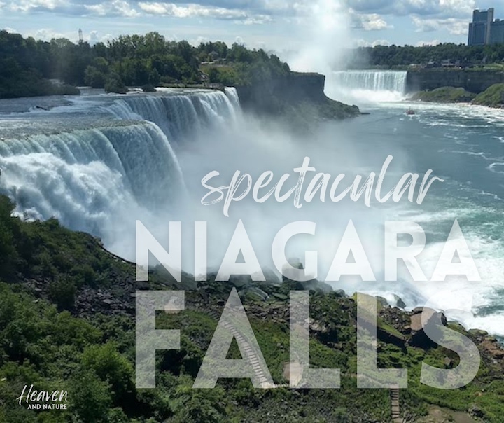 "spectacular Niagara Falls" with image of American Falls and Horseshoe Falls