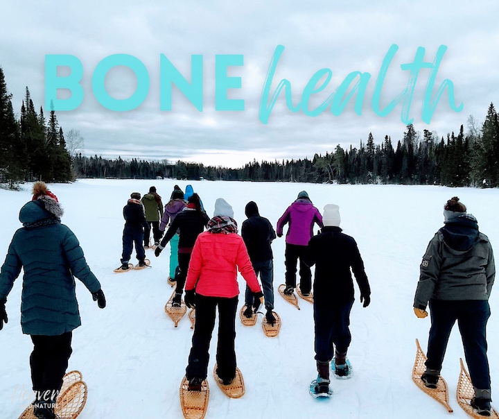"Bone health" with image of a group of snowshoers on a frozen lake