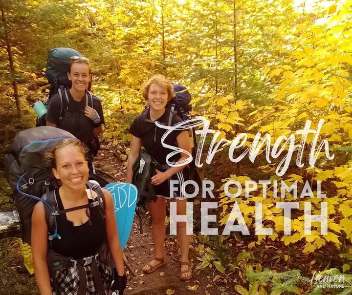 "Strength for optimal health" with image of three women with backpacks on a trail