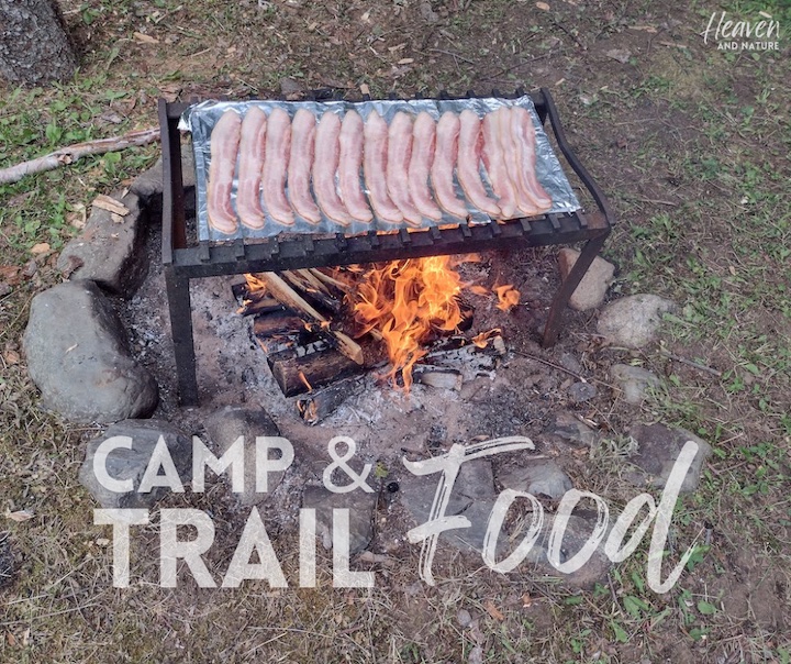 "Camp & Trail Food" with image of bacon cooking over a campfire