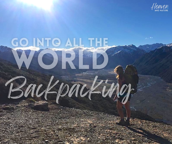 "go into all the world...backpacking" with image of woman backpackers overlooking a mountain range