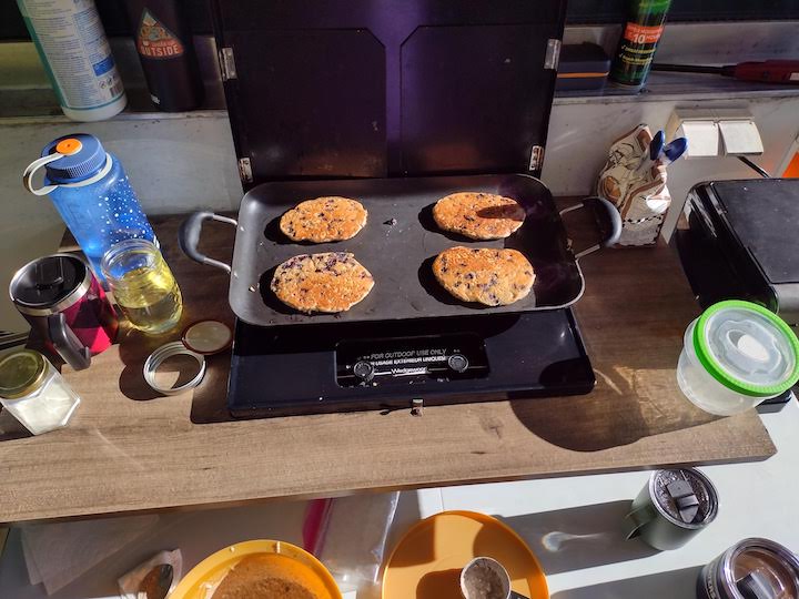 blueberry pancakes on the camper stove