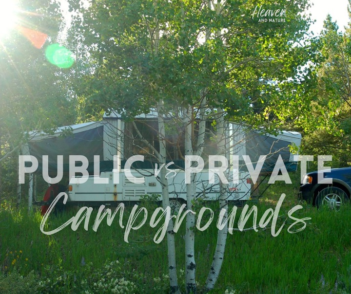 "Public vs Private Campgrounds" with image of popup camper in a wooded campsite