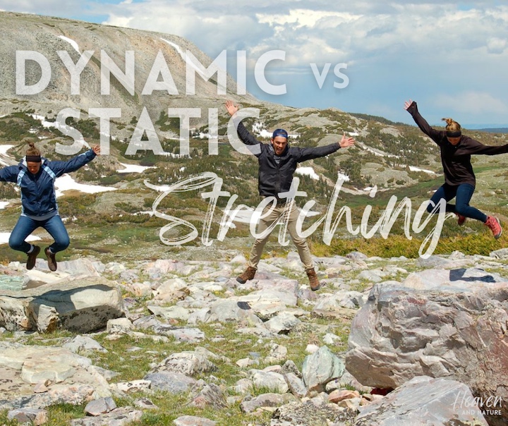 "dynamic vs static stretching" with image of three people leaping on a mountain