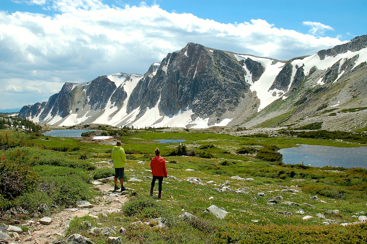 two women on the hiking trail in the Snowy Range Mountains