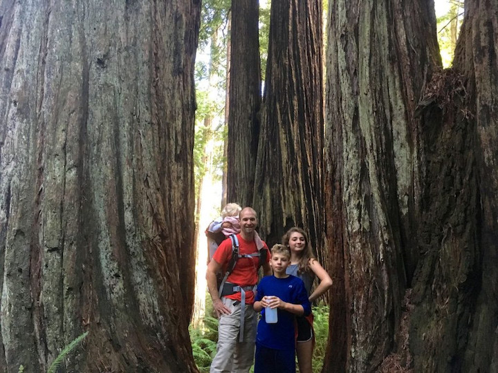 Dad and three kids among the giant trees