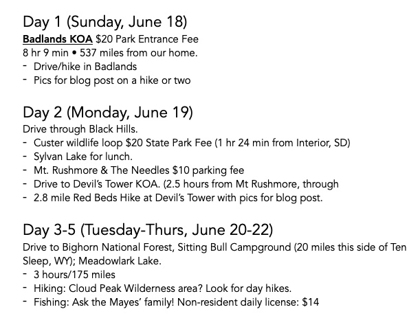 example of trip itinerary