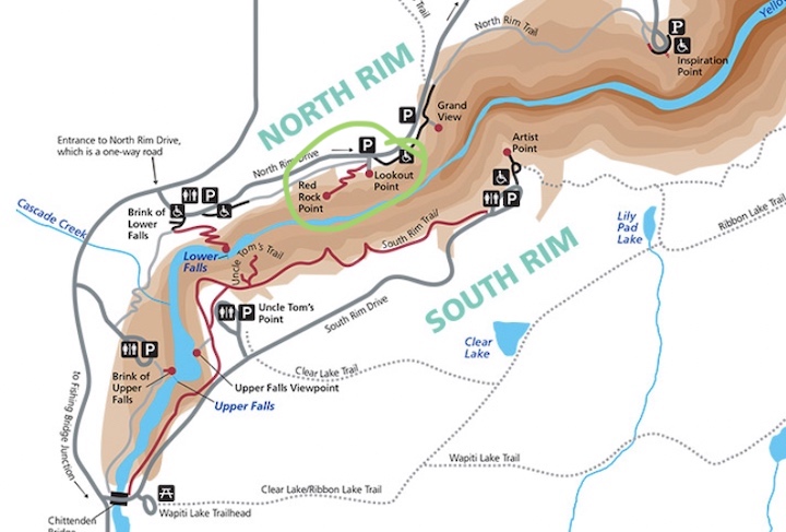 Red Rock and Lookout Points map, Yellowstone Grand Canyon