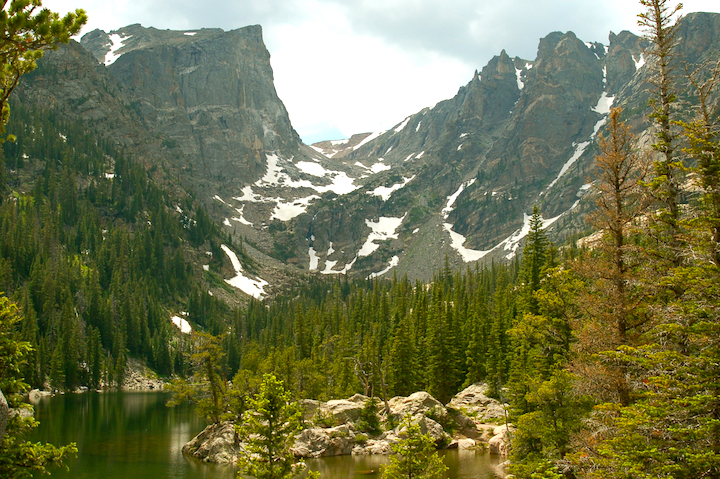 Dream Lake, surrounded by mountains and trees