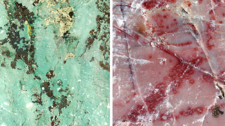 green and red rock samples from the Snowies