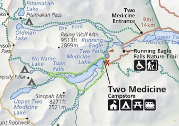 map of Two Medicine area with hike route in green