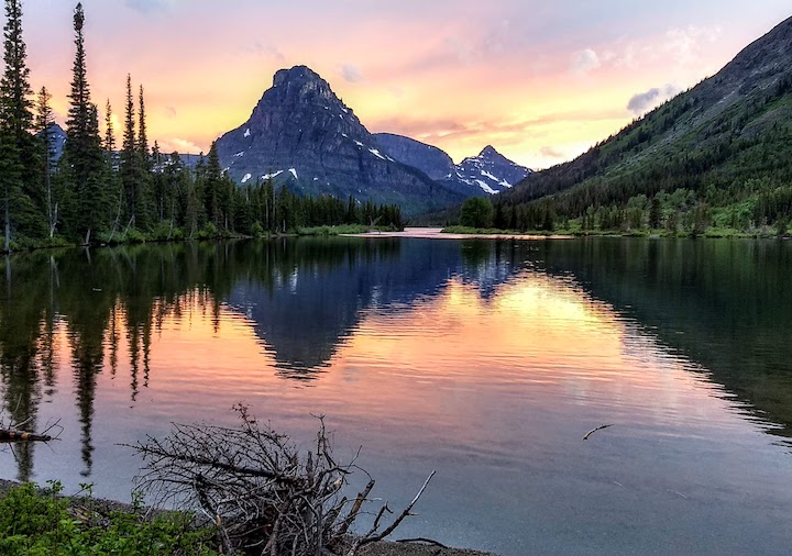 sunset over two medicine lake, glacier