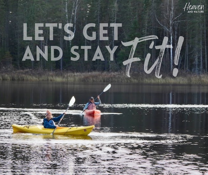 "Let's get and stay fit!" with image of two women kayaking on a lake
