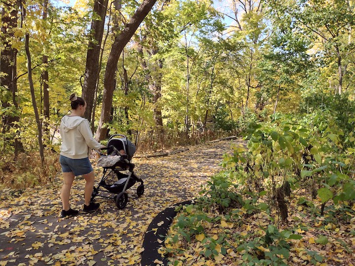 a young mom walks in a park with her baby in a stroller