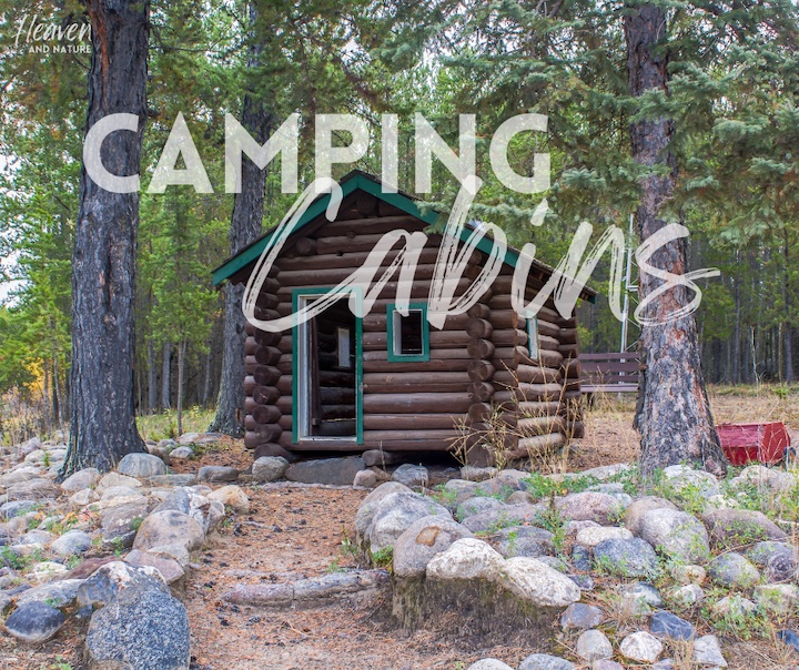"Camping Cabins" with image of log camping cabin in the woods 