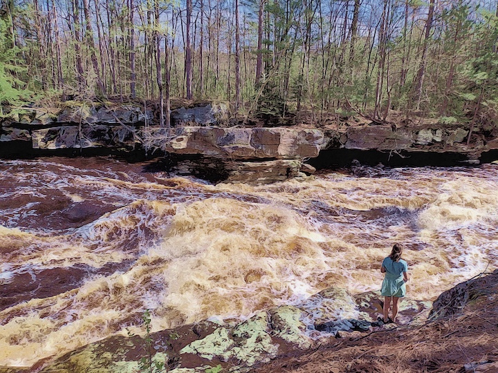 painted image of a woman standing next to a raging river