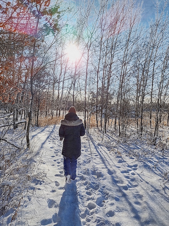 painted image of woman hiking in the winter snow with a low sun through the trees