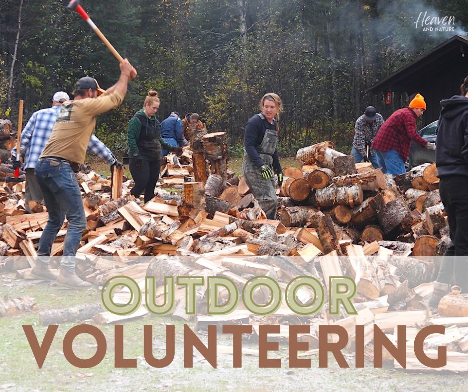 "Outdoor volunteering" with image of a bunch of people splitting wood, piles of logs and split wood around them