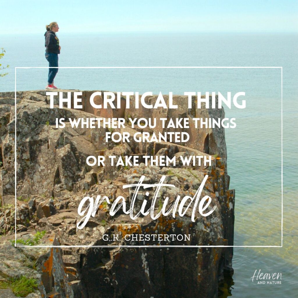 "the critical thing is whether you take things for granted or take them with gratitude" with image of woman standing on a cliff top overlooking the water