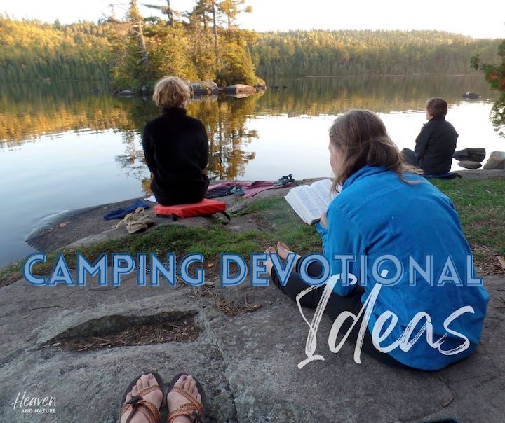 "Camping devotional ideas" with image of women sitting next to a lake; one reading her Bible