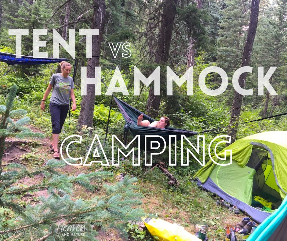"Tent vs Hammock Camping" with image of two women in their campsite with hammocks and tents