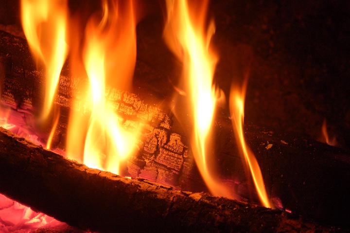 close up of a campfire at night